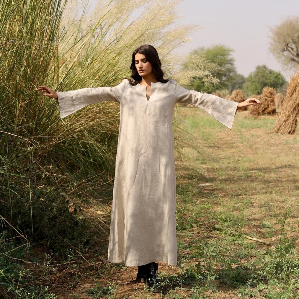 Long Oversize Linen Kaftan Dress, Ankle Length Lined Dress